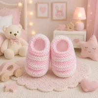 Sapatinho de Bebê de Tricô Rosa e Branco - Recém Nascido 0 a 3 meses | Lojinha Uai - imagem 1