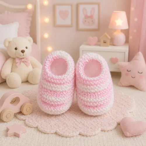 Sapatinho de Bebê de Tricô Rosa e Branco - 0 a 3 meses RN