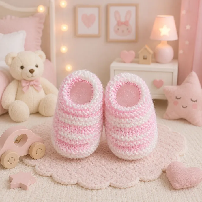 Sapatinho de Bebê de Tricô Rosa e Branco - Recém Nascido 0 a 3 meses | Lojinha Uai