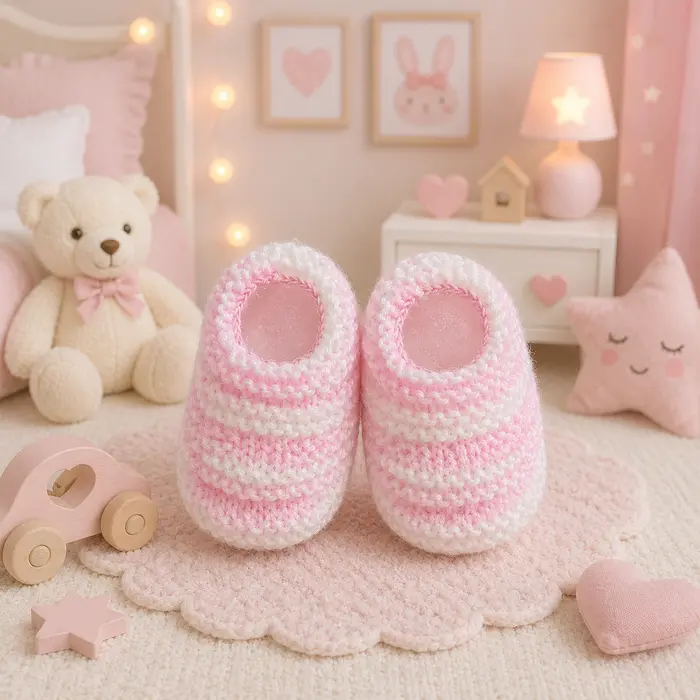 Sapatinho de Bebê de Tricô Rosa e Branco - Recém Nascido 0 a 3 meses | Lojinha Uai