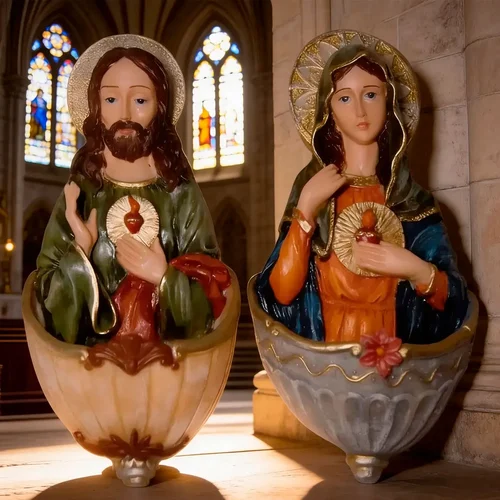 Par de Pia de Água Benta Sagrado Coração de Jesus e Maria de Resina para Parede - 15 cm