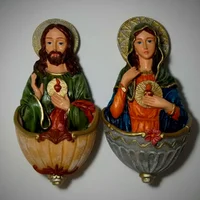 Par de Pia de Água Benta Sagrado Coração de Jesus e Maria de Resina Parede | Lojinha Uai - imagem 1