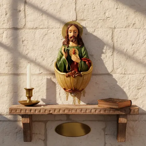 Pia de Água Benta Sagrado Coração de Jesus de Resina de Parede - 15 cm 