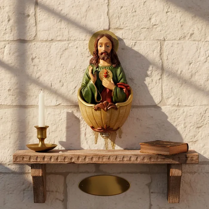 Pia de Água Benta Sagrado Coração de Jesus de Resina de Parede - 15 cm | Lojinha Uai