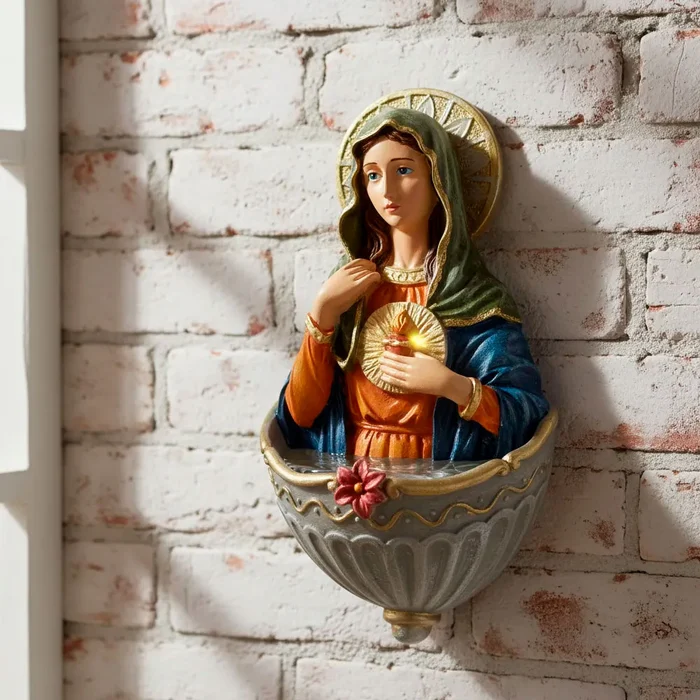 Pia de Água Benta Sagrado Coração de Maria de Resina para Parede | Comprar na Lojinha Uai