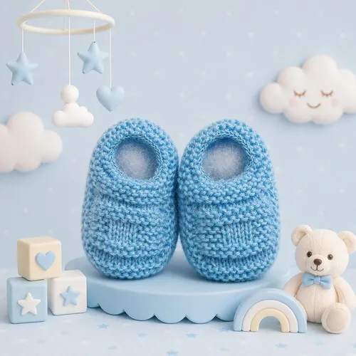 Sapatinho de Bebê de Tricô Azul - 0 a 3 meses RN