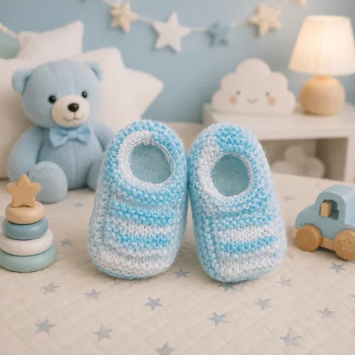 Sapatinho de Bebê de Tricô Azul e Branco - 0 a 3 meses RN