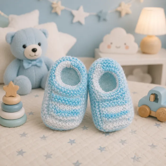 Sapatinho de Bebê de Tricô Azul e Branco - Recém Nascido 0 a 3 meses | Comprar Lojinha Uai