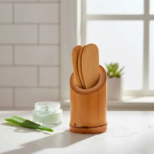 Kit Espátulas Faciais de Bambu Mini com Suporte - Aplicação de Creme, Máscara e Skincare