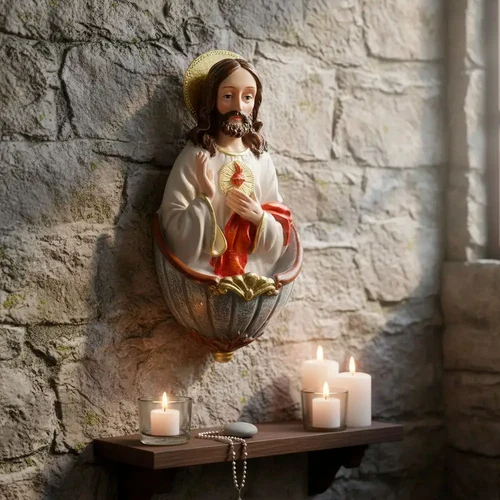 Pia de Água Benta Sagrado Coração de Jesus de Resina para Parede Clara - 15 cm