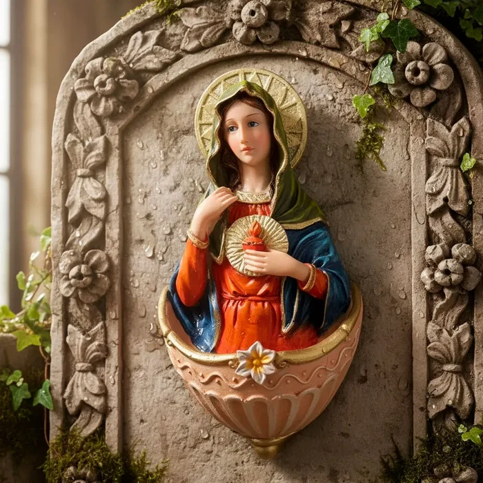 Pia de Água Benta Sagrado Coração de Maria de Resina - 15 cm | Comprar na Lojinha Uai