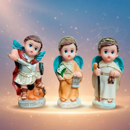 Kit Trio de Arcanjos São Miguel São Rafael São Gabriel Infantil de Resina - 8 cm