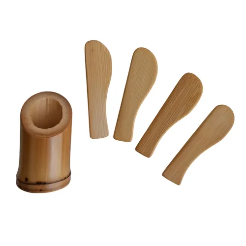 Kit Espátulas Faciais de Bambu Mini com Suporte - Aplicação de Creme, Máscara e Skincare