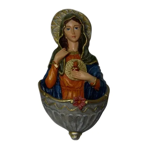 Pia de Água Benta Sagrado Coração de Maria de Resina para Parede - 15 cm