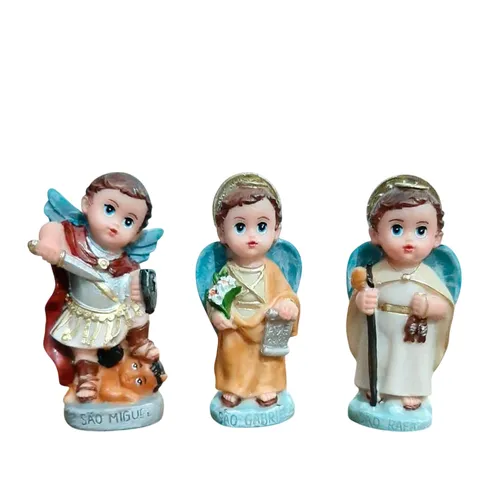 Kit Trio de Arcanjos São Miguel São Rafael São Gabriel Infantil de Resina - 8 cm