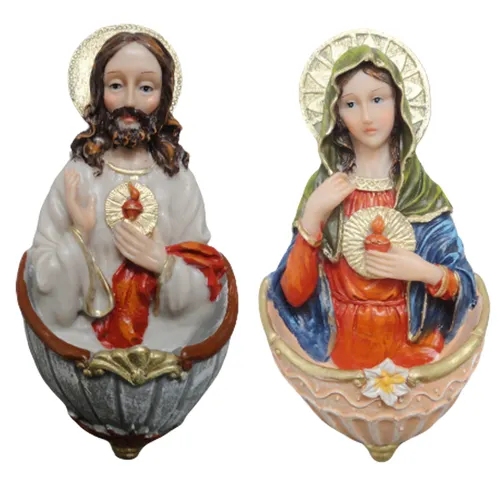Par de Pia de Água Benta Sagrado Coração de Jesus e Maria de Resina para Parede Clara - 15 cm