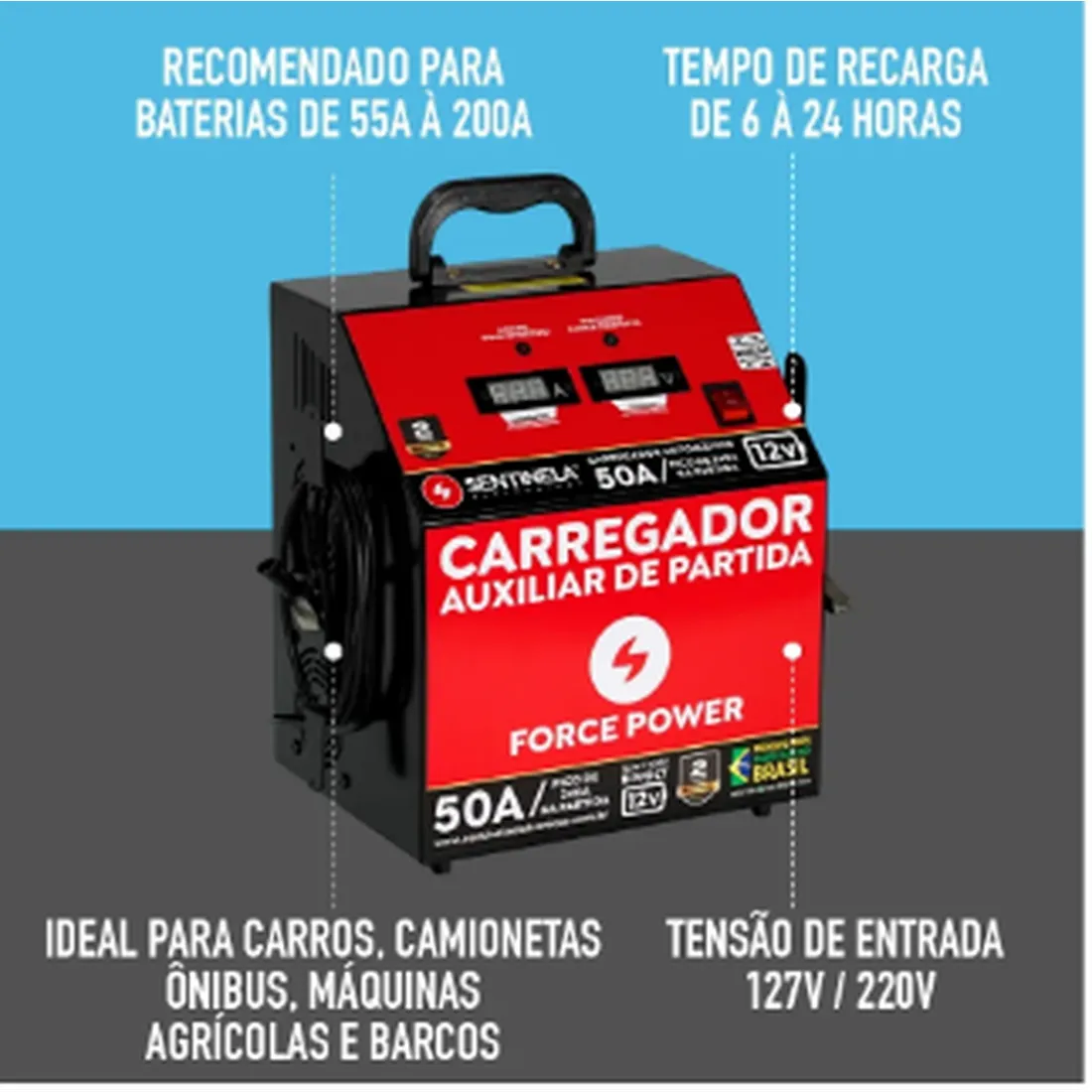 CARREGADOR DE BATERIA 50A c/auxiliar 12V - SENTINELA CAV5012