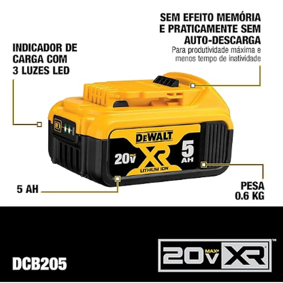 Kit com 2 Baterias 5Ah 20V Max Li-Ion Carregador Bivolt e Bolsa - DEWALT DCB205C2K