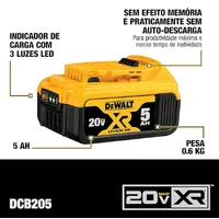 Kit com 2 Baterias 5Ah 20V Max Li-Ion Carregador Bivolt e Bolsa - DEWALT DCB205C2K - imagem 3