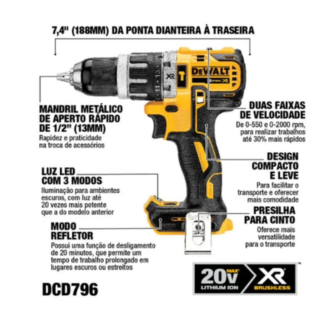 Kit Furadeira/Parafusadeira Impacto 1/2" (13mm) c/Bateria DCD796E1-B2 - DEWALT