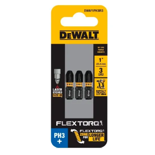 BITS PHILLIPS PH3 FLEXTORQ 1'' (2,5CM) CARTELA COM 3 UNIDADES DWAF1PH3IR3 DEWALT