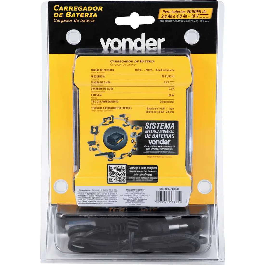 Carregador de bateria 18 V linha intercambiável  ICBV 1805 VONDER 