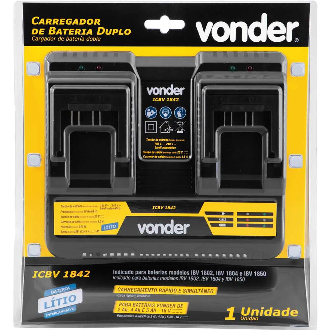 Carregador de bateria duplo 18 V linha intercambiável carga rapida ICBV 1842 VONDER 