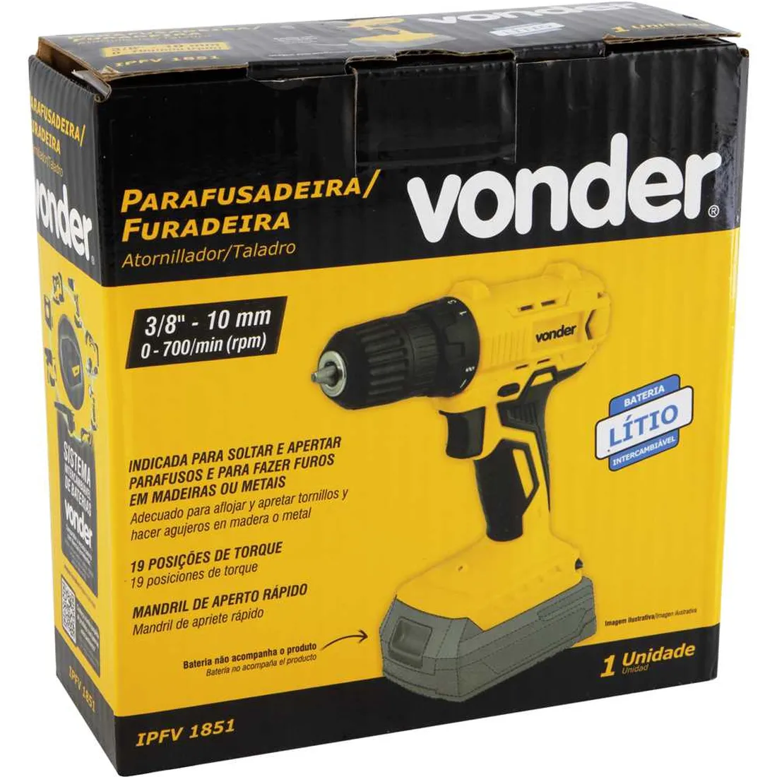 Parafusadeira furadeira bateria intercambiável 18 V sem bateria e carregador IPFV 1851 VONDER