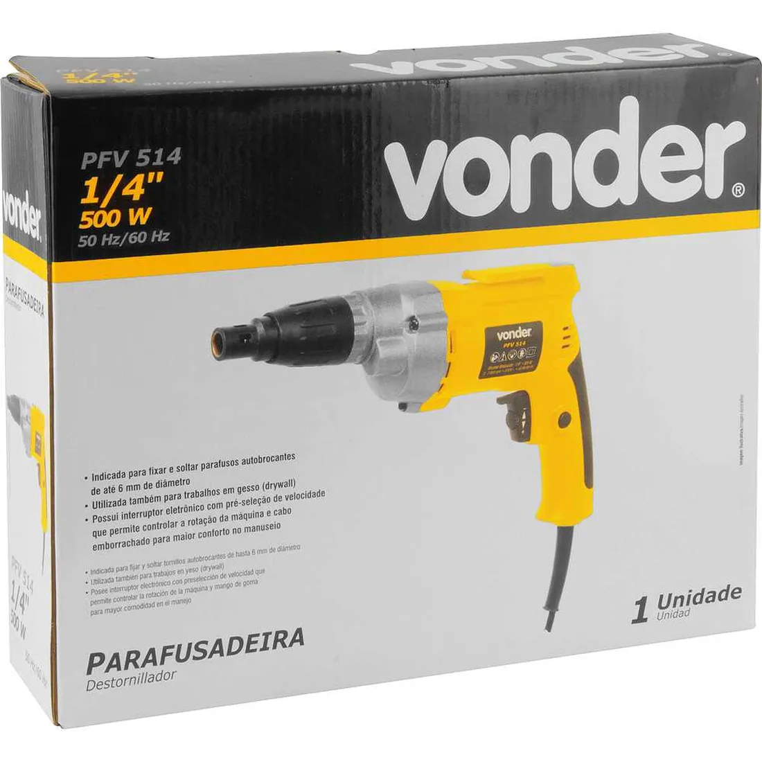 Parafusadeira elétrica encaixe 1/4" 127V OU 220V 500 W PFV 514 VONDER 