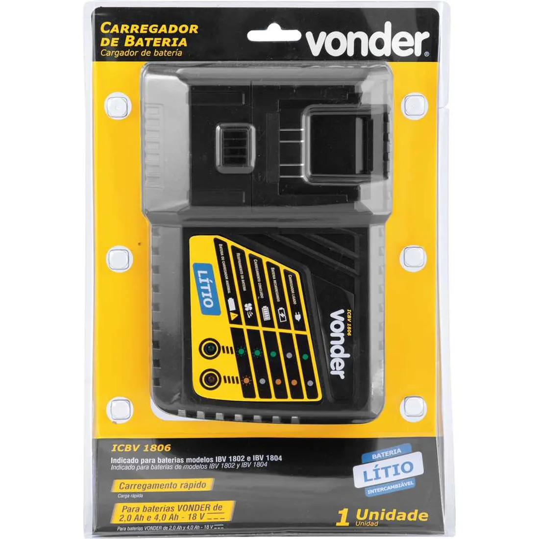 Carregador de bateria 18 V linha intercambiável carregamento rápido ICBV 1806 VONDER 