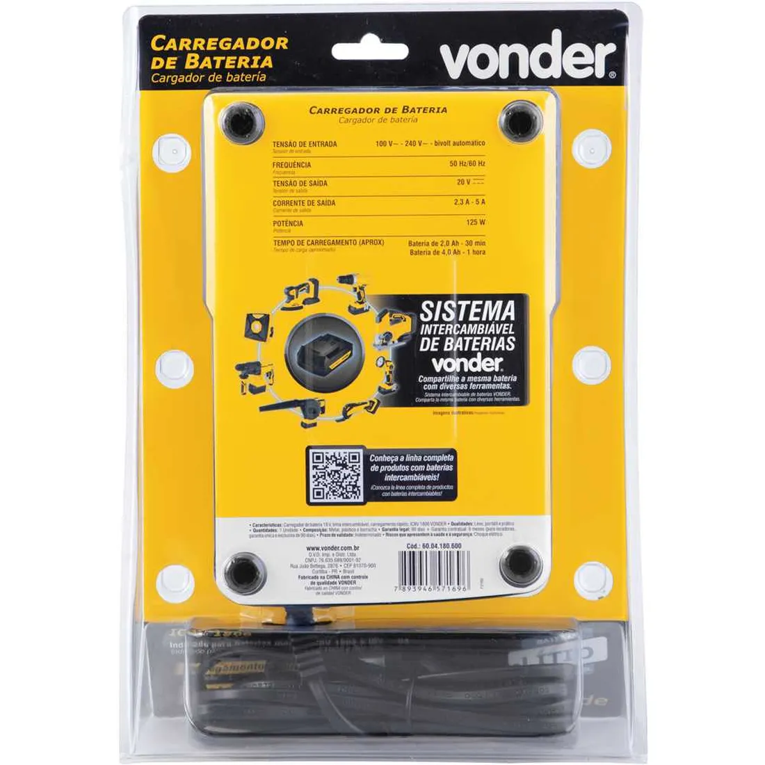 Carregador de bateria 18 V linha intercambiável carregamento rápido ICBV 1806 VONDER 
