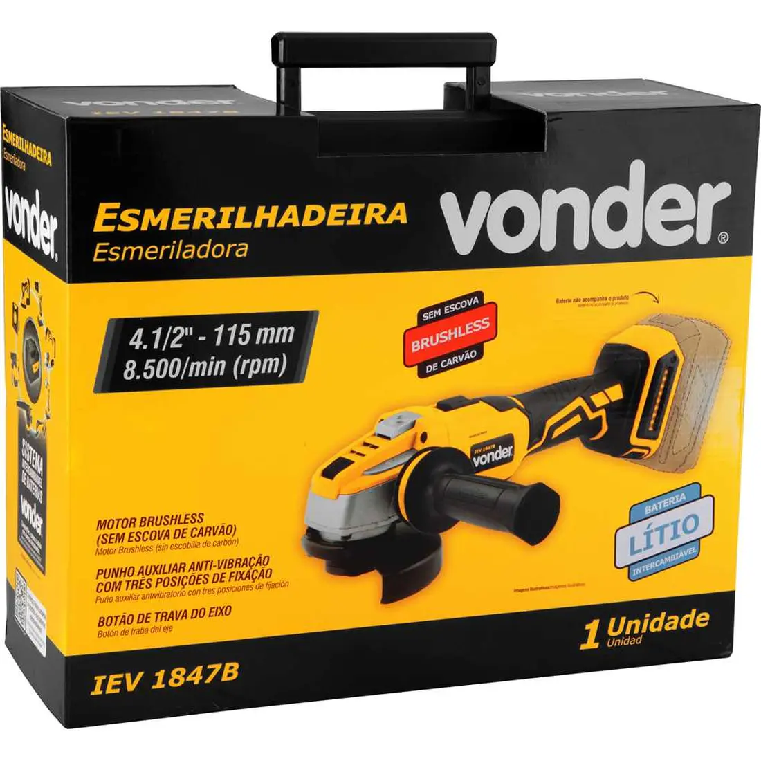 Esmerilhadeira 4.1/2" bateria intercambiável 18 V sem bateria e carregador IEV 1847B VONDER - imagem 4