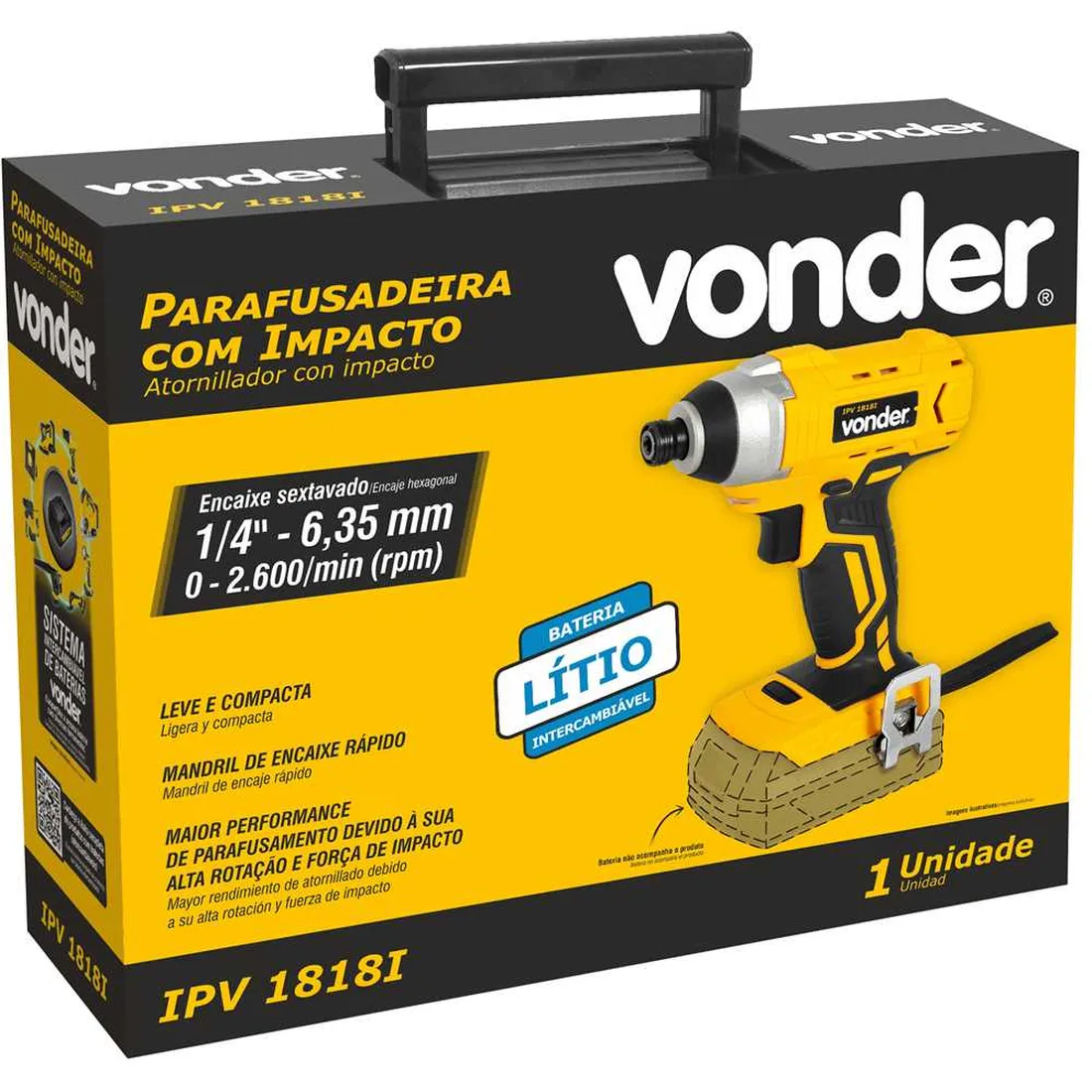 Parafusadeira de impacto bateria intercambiável de 18 V (sem bateria e carregador) mandril de 1/4", IPV 1818I VONDER 