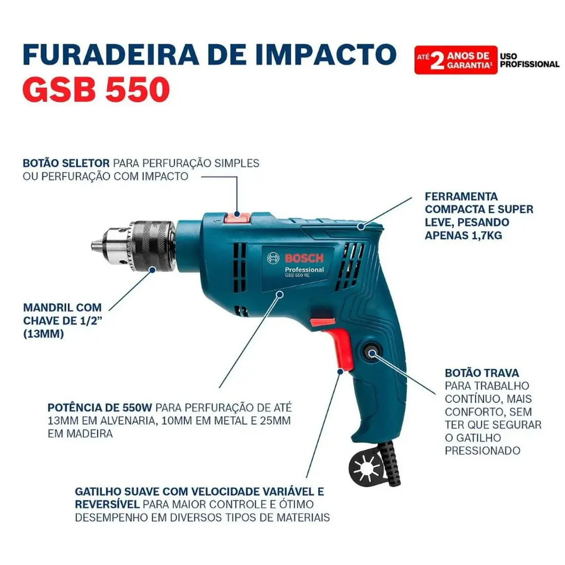 Furadeira de impacto GSB 550 RE 550W + 14 acessórios BOSCH - imagem 4