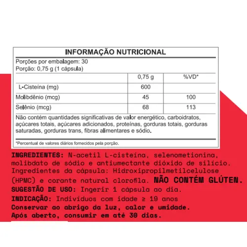 NAC (N-Acetil L-Cisteína) + Selênio + Molibdênio 30 CAPS