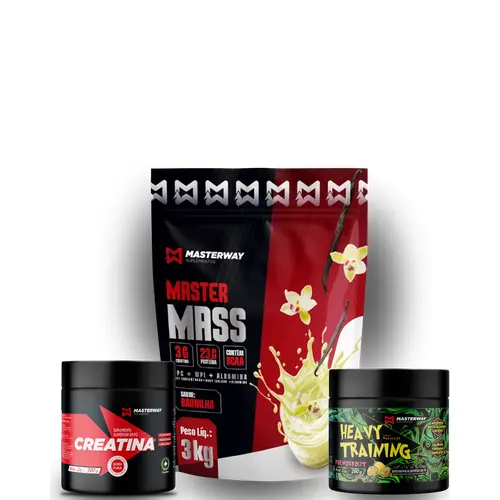 KIT HIPERTROFIA BRUTA - Master Mass Hipercalórico 3kg + Creatina 300g + Pré-treino Heavy Training