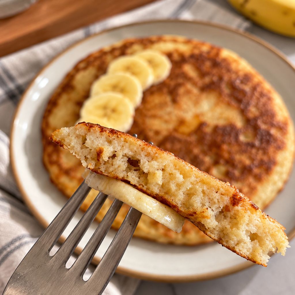 Panquecas de aveia e whey protein decoradas com rodelas de banana e canela em pó
