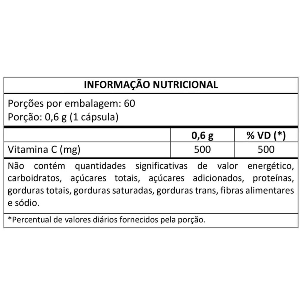 Tabela nutricional e composição do suplemento de Vitamina C Masterway