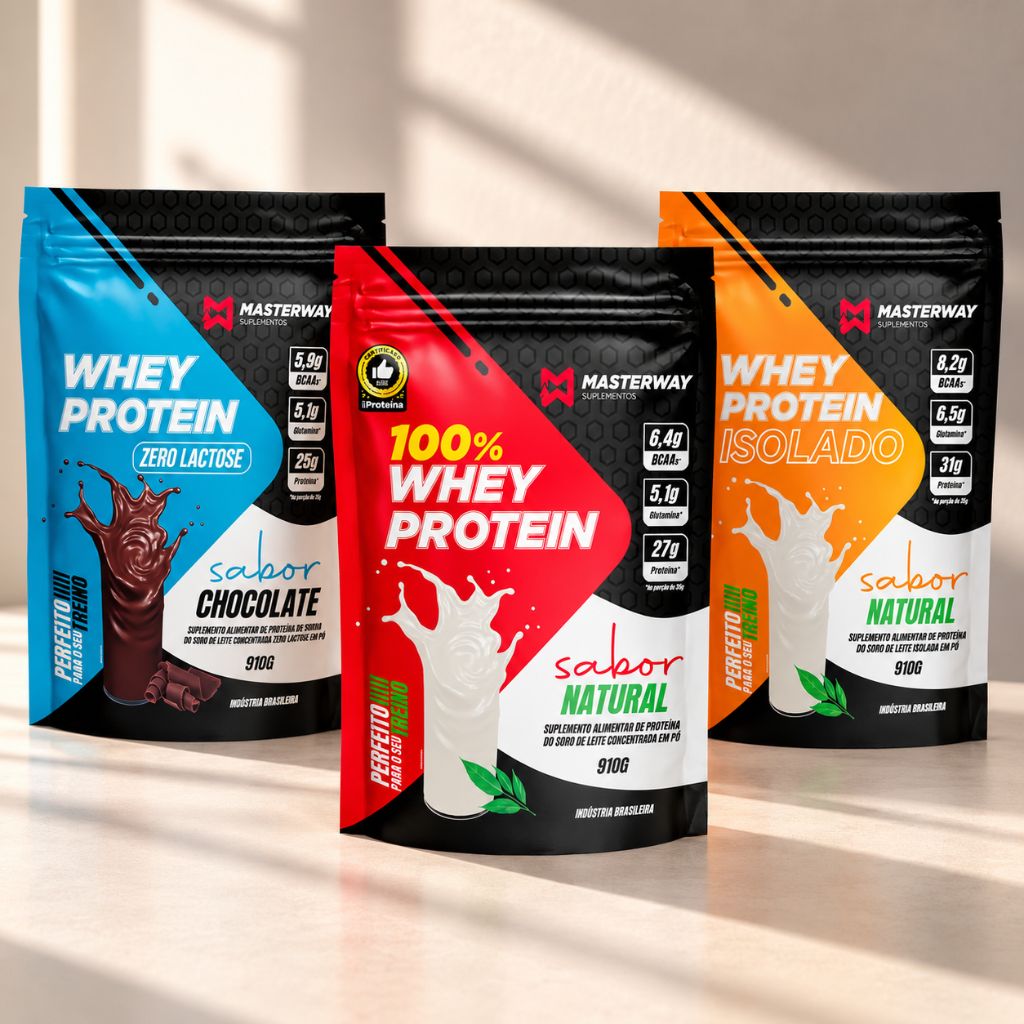 Embalagem de Whey Protein Masterway em pó acompanhada de ingredientes saudáveis para receitas