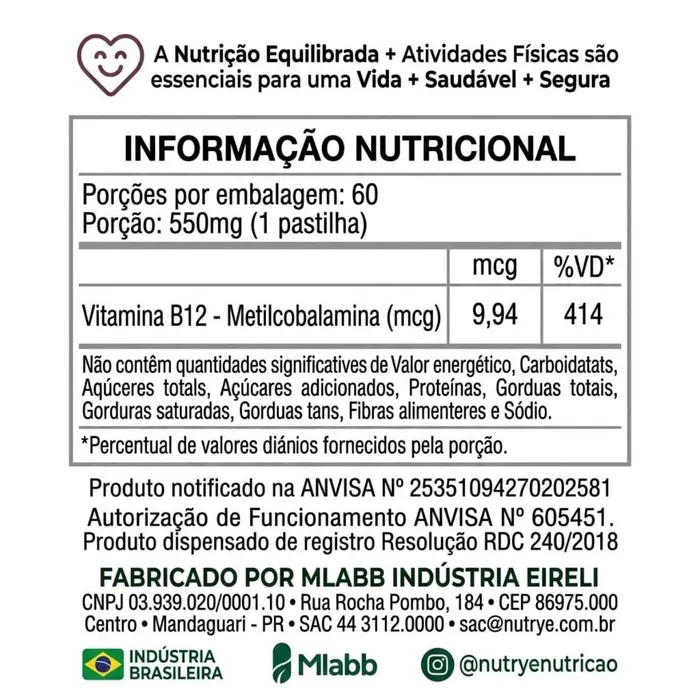 VITAMINA B12 - 60 COMPRIMIDOS MASTIGÁVEIS NUTRYE