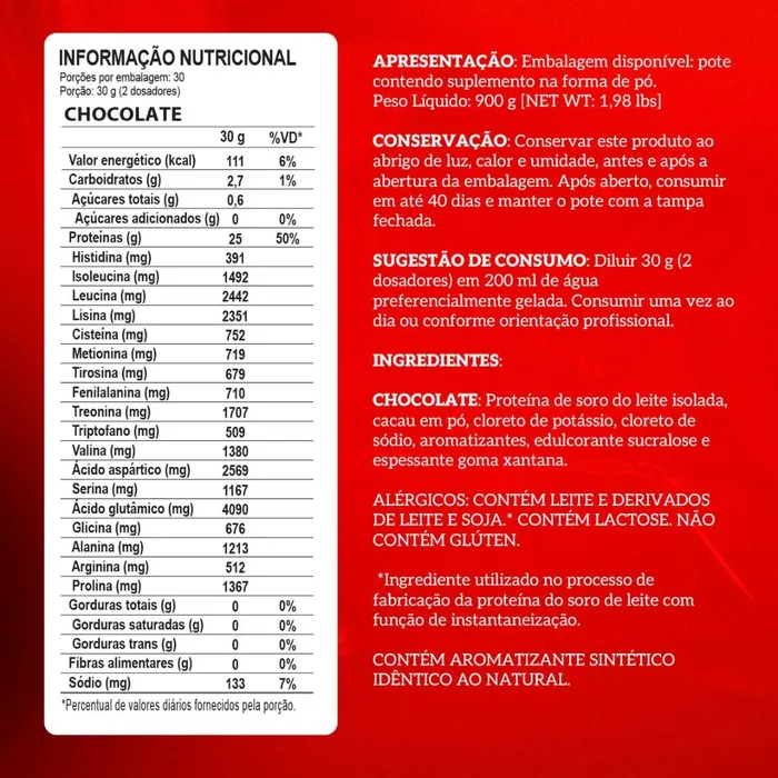 WHEY ISOLADO ISO TRIPLE ZERO 900G - SABOR CHOCOLATE