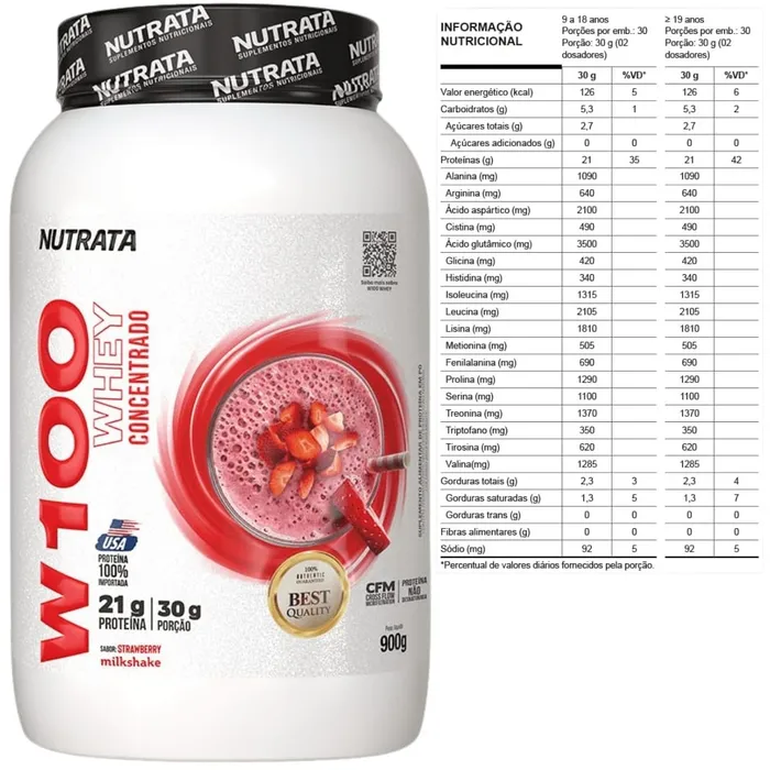 WHEY PROTEIN W100 NUTRATA 900G - SABOR MILKSHAKE DE MORANGO