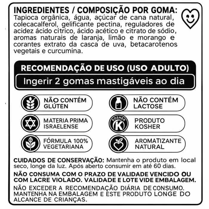 VITAMINA D - 60 GOMAS SABOR LARANJA, LIMÃO E MORANGO