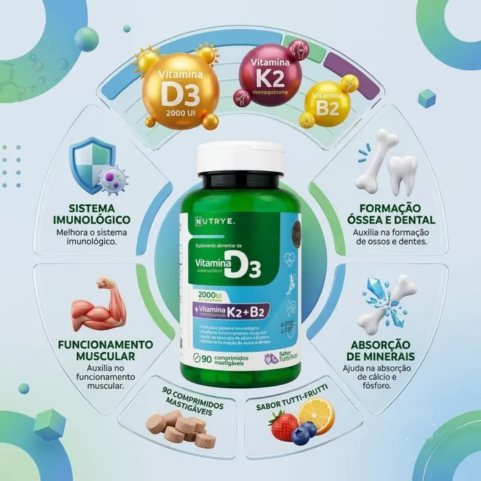 VITAMINA D3 (+K2 + B2) EM COMPRIMIDOS MASTIGÁVEIS