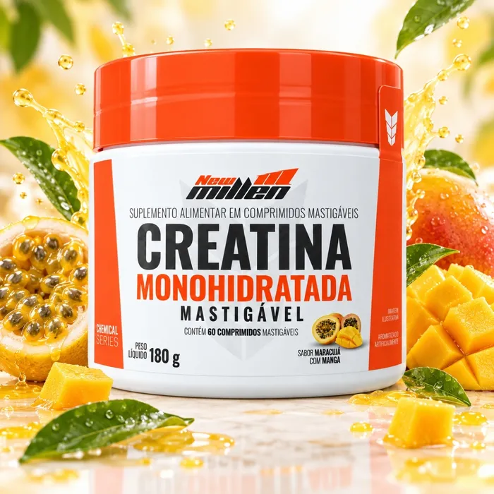 CREATINA EM COMPRIMIDOS MASTIGÁVEIS - SABOR MARACUJÁ COM MANGA