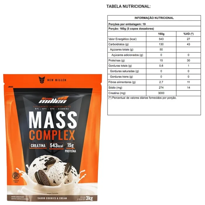 Hipercalórico Mass Complex New Millen 3Kg Sabor Cookies & Cream