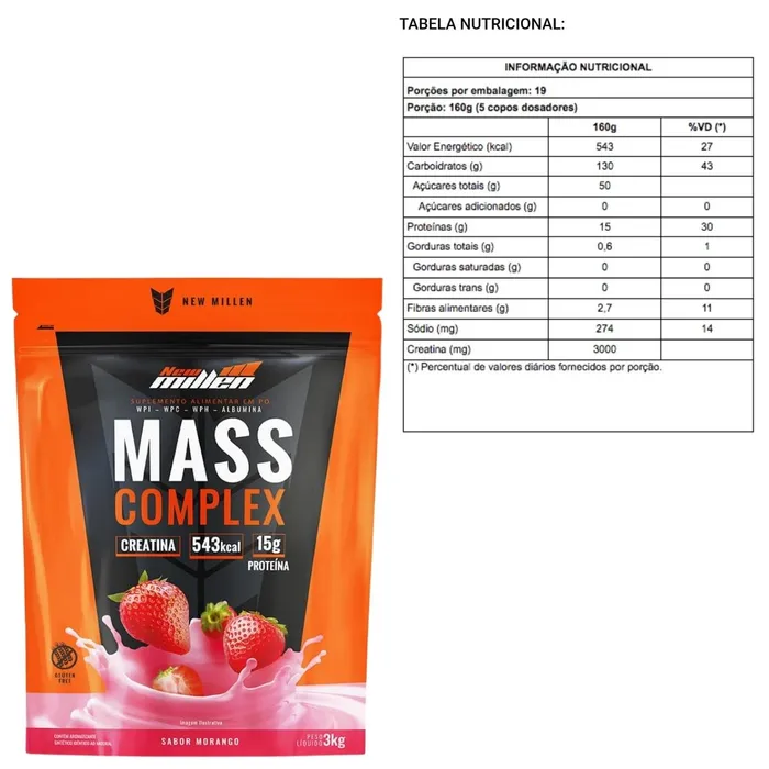 Hipercalórico Mass Complex New Millen 3Kg - Sabor Morango