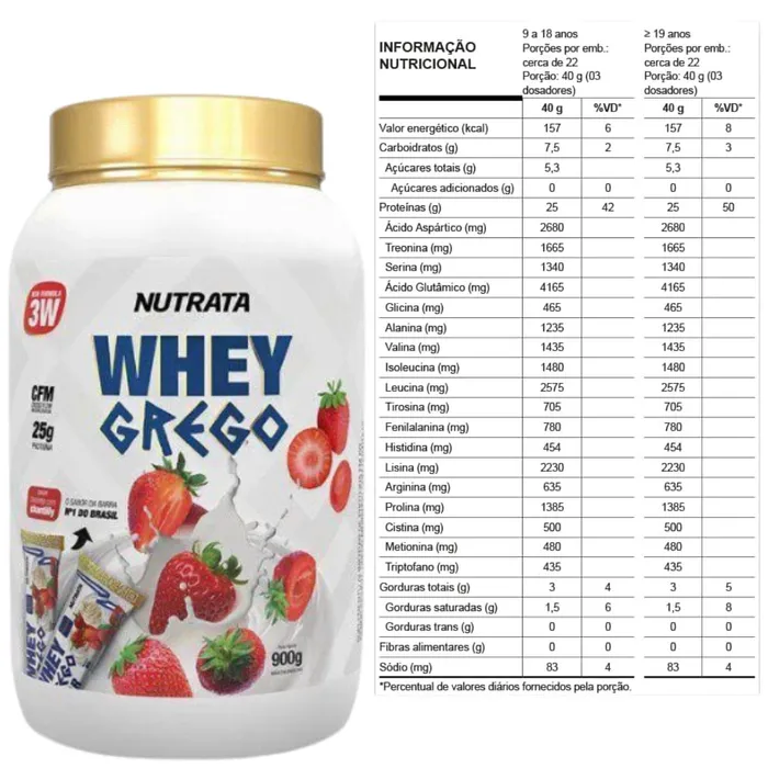 Whey Grego Nutrata 900g- Sabor Morango com Chantilly