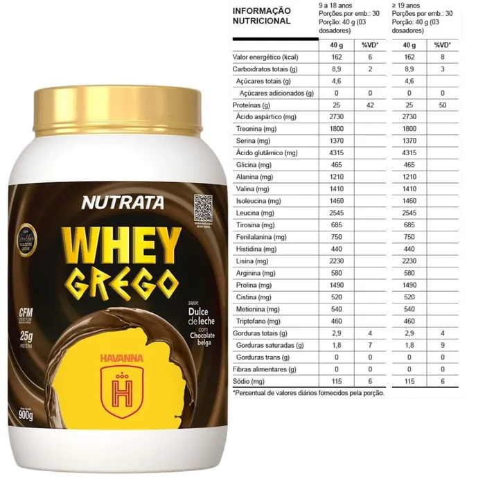 Whey Grego Nutrata 900g- Sabor Doce de Leite Havanna com Chocolate Belga