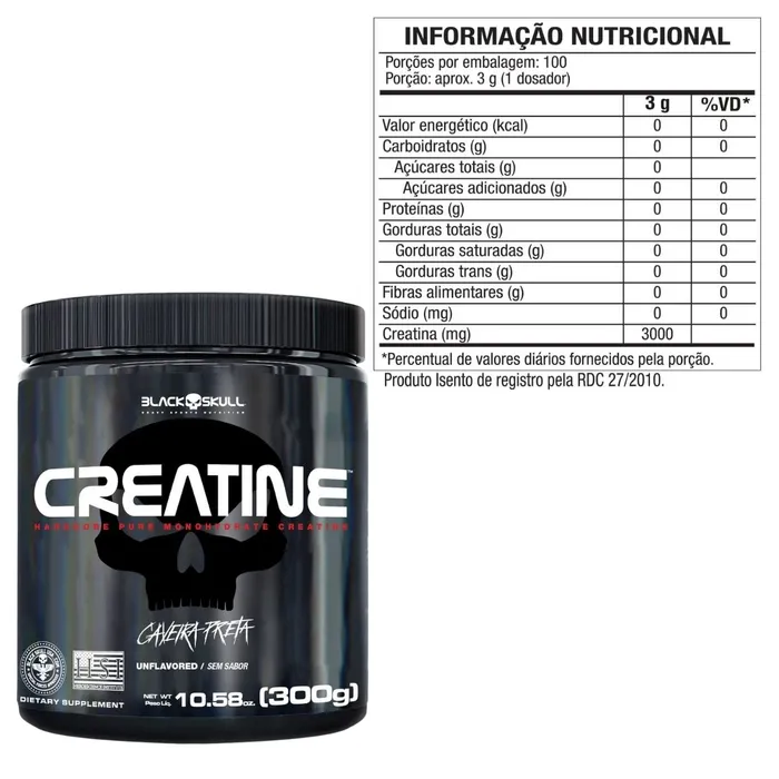 Creatina Pura Black Skull Sem Sabor - Pote 300g